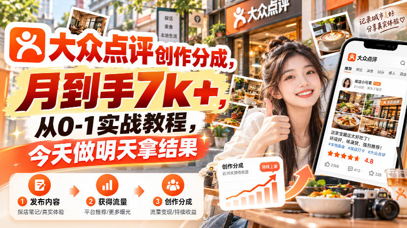 大众点评创作分成，月到手7k+，从0-1实战教程，今天做明天拿结果-优优云网创