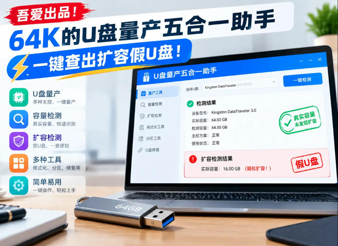 吾爱出品！64K的U盘量产五合一助手，一键查出扩容假U盘！-优优云网创