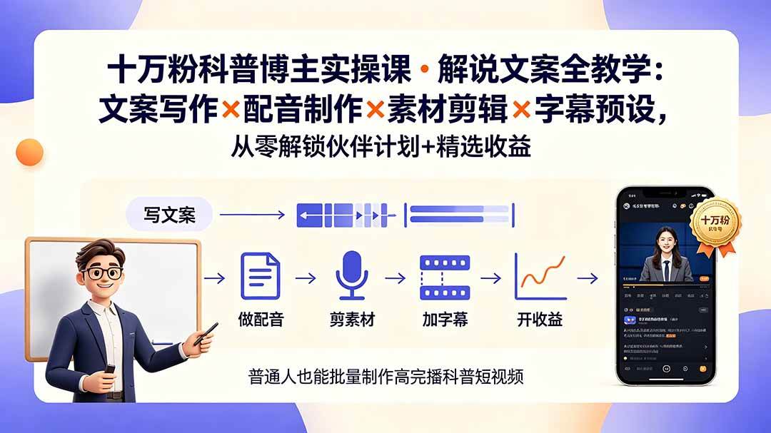 (19275期)10万粉科普博主实操课-解说文案全教学:文案写作×配音制作×素材剪辑×字幕预设,从零解锁伙伴计划+精选收益-优优云网创