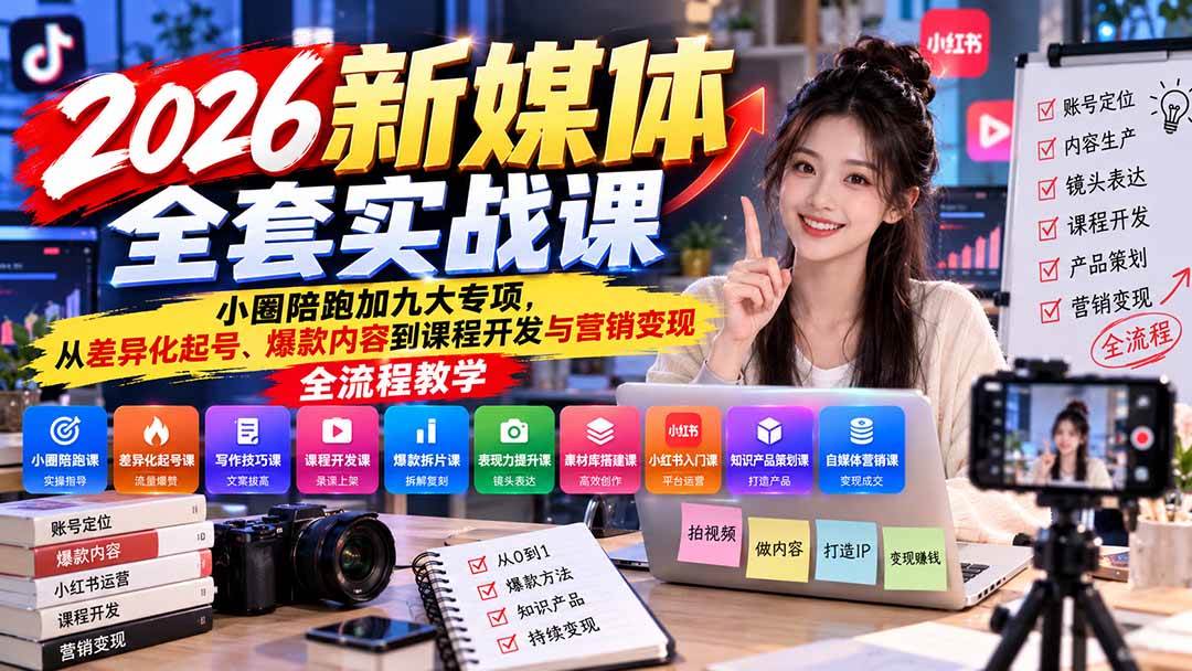 （21111期）2026新媒体全套实战课：小圈陪跑+九大专项，从差异化起号、爆款内容到课程开发与营销变现全流程教学-优优云网创