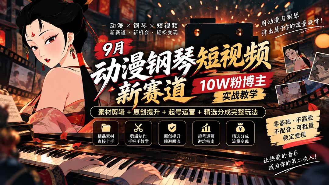 （20506期）9月动漫钢琴短视频新赛道｜10W粉博主实战教学，素材剪辑+原创提升+起号运营+精选分成完整玩法-优优云网创