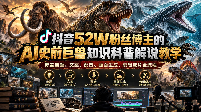 抖音52W粉丝博主的AI史前巨兽知识科普解说教学，覆盖选题、文案、配音、画面生成、剪辑成片全流程-优优云网创