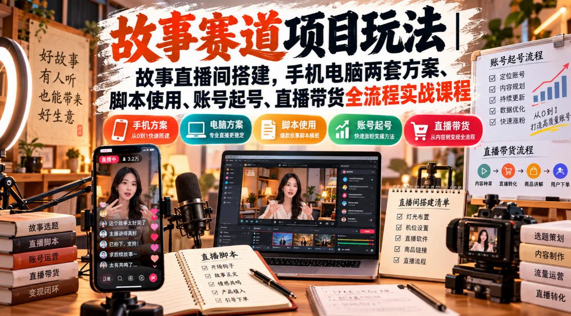 故事赛道项目玩法｜故事直播间搭建，手机电脑两套方案、脚本使用、账号起号、直播带货全流程实战课程-优优云网创