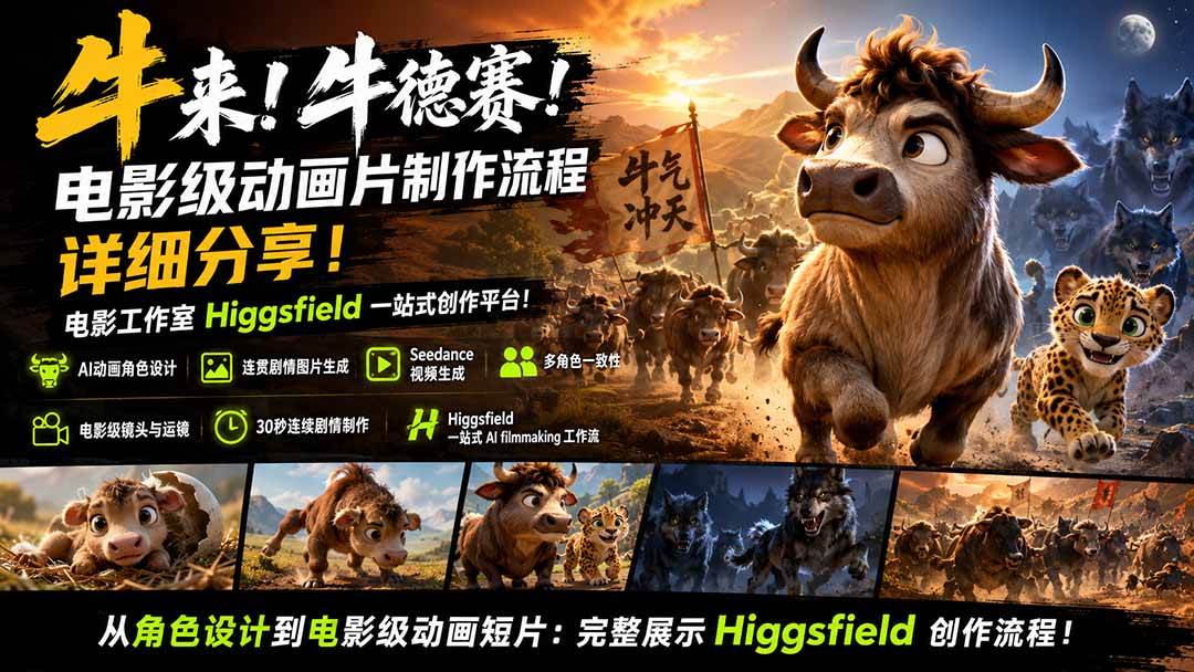 （19987期）牛来！牛德赛！电影级动画片制作流程详细分享！电影工作室Higgsfield一站式创作平台！-优优云网创