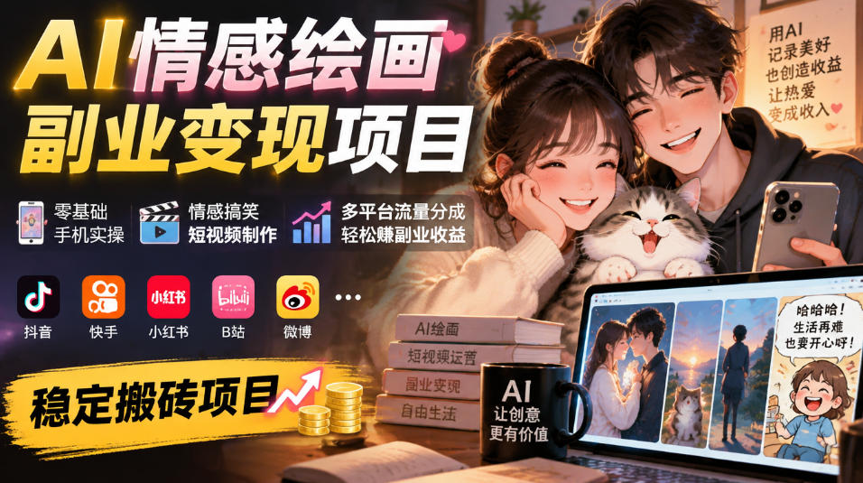 AI情感绘画副业变现项目｜零基础手机实操，情感搞笑短视频制作，多平台流量分成轻松賺副业收益-优优云网创