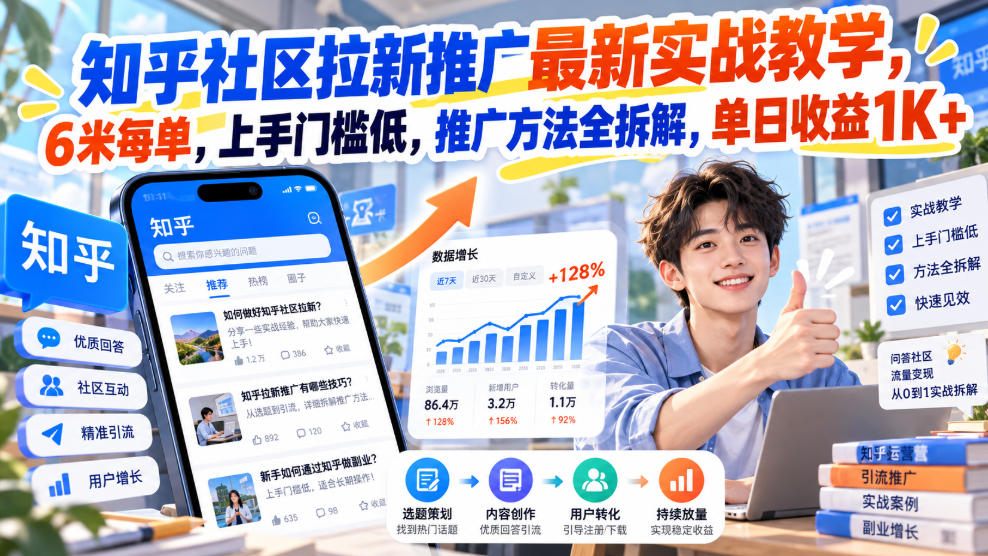 知乎社区拉新推广最新实战教学，6米每单，上手门槛低，推广方法全拆解，单日收益1K+！-优优云网创