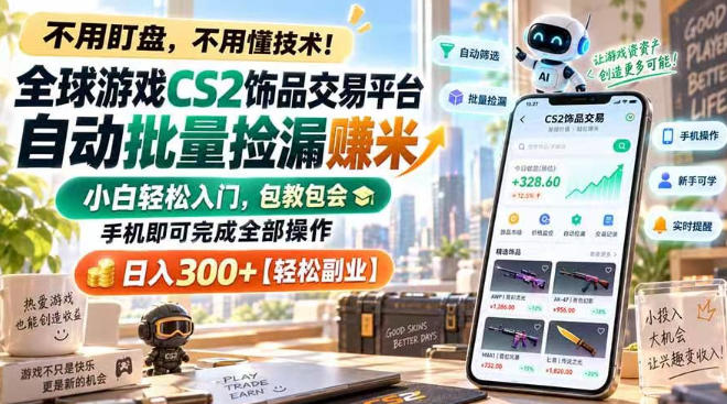 全球游戏CS2饰品交易平台自动批量捡漏賺米，小白轻松入门，包教包会，手机即可完成全部操作，日入300+【揭秘】-优优云网创