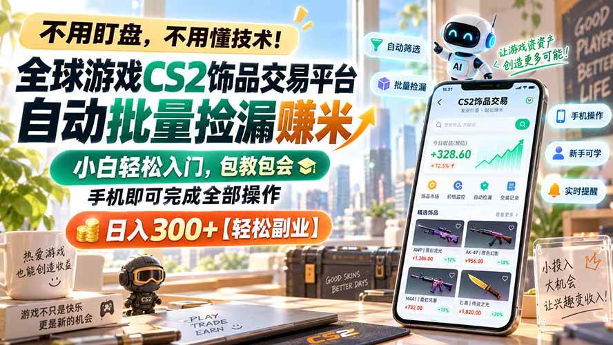 （20454期）全球游戏CS2饰品交易平台自动批量捡漏赚米，小白轻松入门，包教包会，手机即可完成全部操作，日入300+【轻松副业】-优优云网创