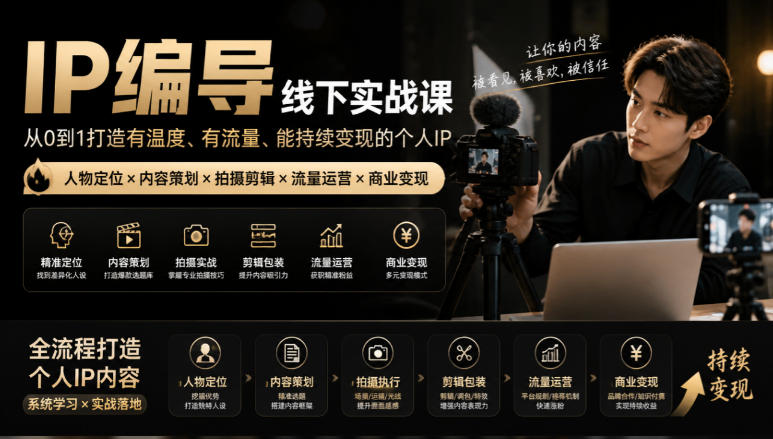 【无水印】IP编导线下实战课，从人物定位到短视频拍摄剪辑，全流程打造有温度、有流量、能持续变现的个人IP内容-优优云网创
