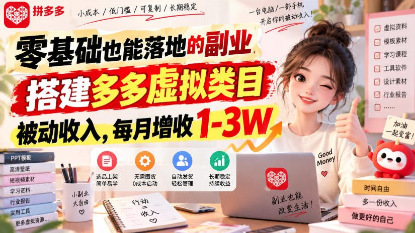 零基础也能落地的副业，搭建多多虚拟类目被动收入，每月增收1-3W【揭秘】-优优云网创