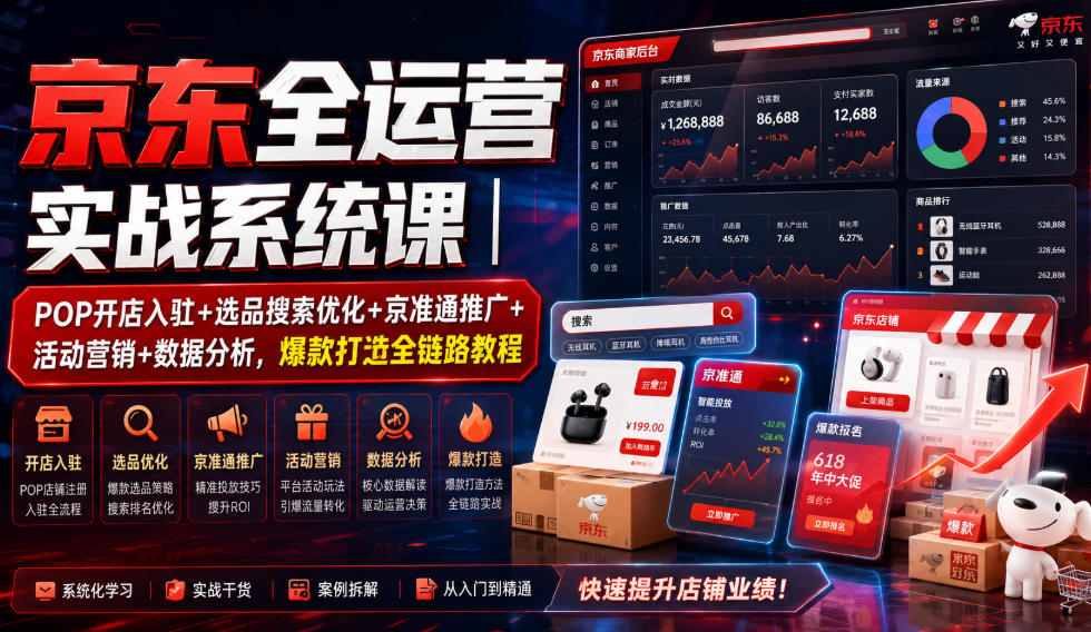京东全运营实战系统课｜POP开店入驻+选品搜索优化+京准通推广+活动营销+数据分析，爆款打造全链路教程-优优云网创