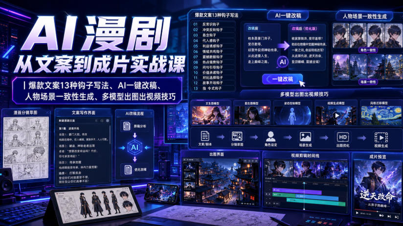 AI漫剧从文案到成片实战课｜爆款文案13种钩子写法、AI一键改稿、人物场景一致性生成、多模型出图出视频技巧-优优云网创