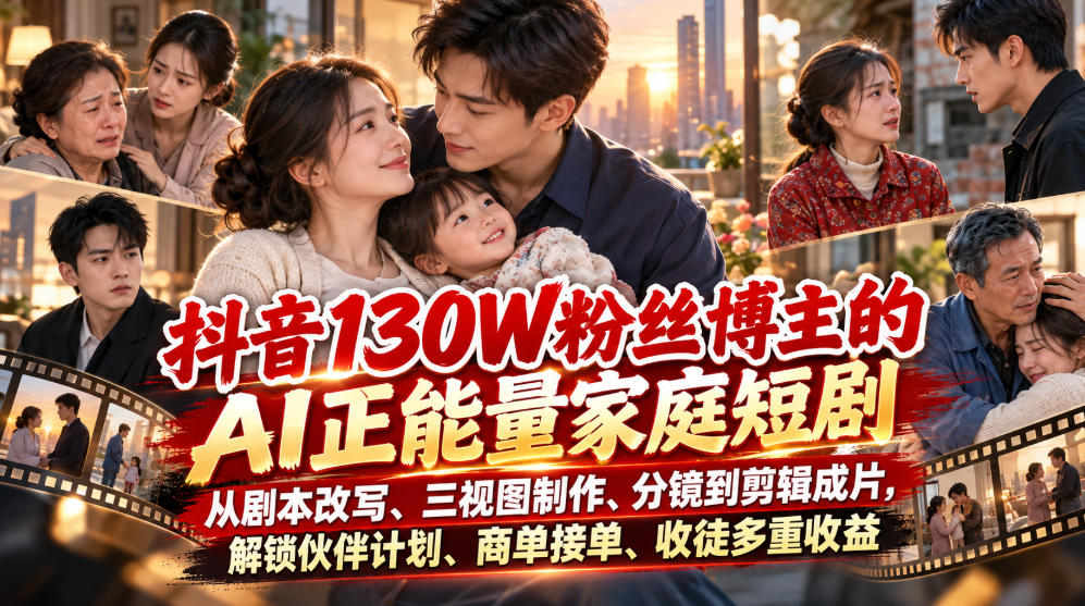 抖音130W粉丝博主的AI正能量家庭短剧，从剧本改写、三视图制作、分镜到剪辑成片，解锁伙伴计划、商单接单、收徒多重收益-优优云网创