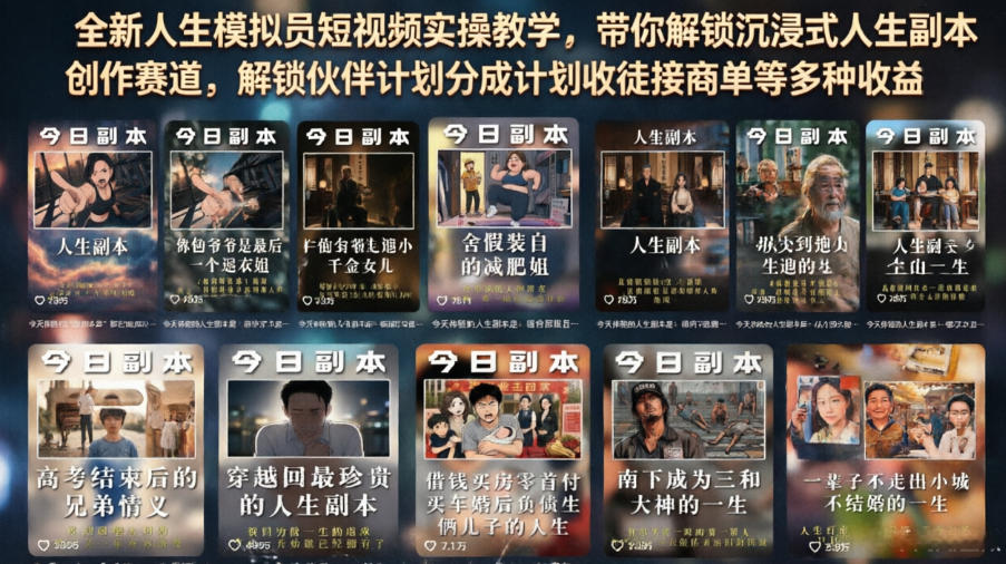 全新人生模拟员短视频实操教学,带你解锁沉浸式人生副本创作赛道,解锁伙伴计划分成计划收徒接商单等多种收益-优优云网创