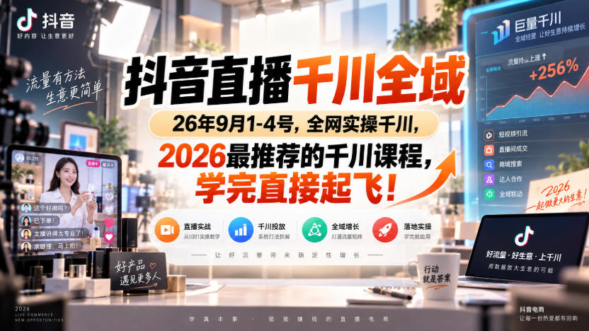 抖音直播千川全域26年9月1-4号，全网实操千川，2026最推荐的千川课程，学完直接起飞！-优优云网创