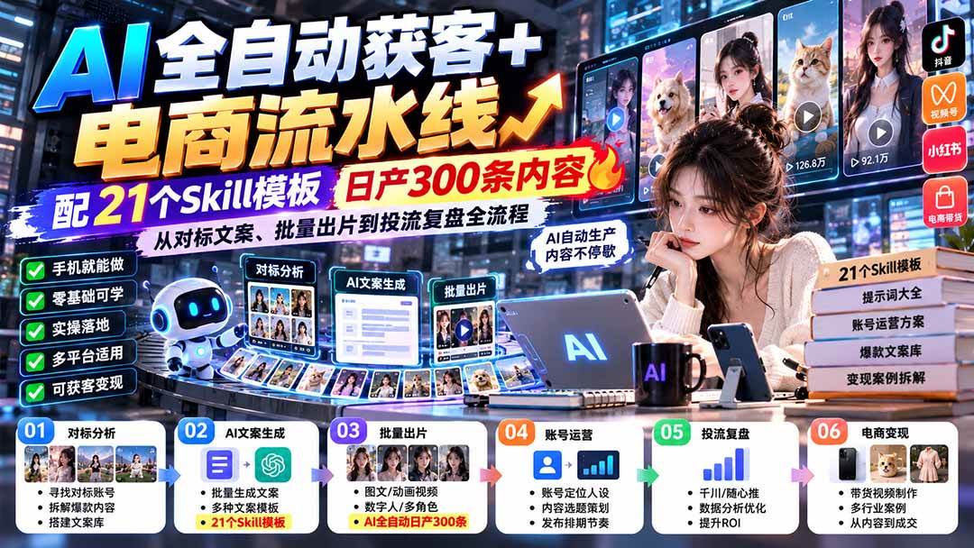（20664期）AI全自动获客+电商流水线：配21个Skill模板，日产300条内容，从对标文案、批量出片到投流复盘全流程-优优云网创