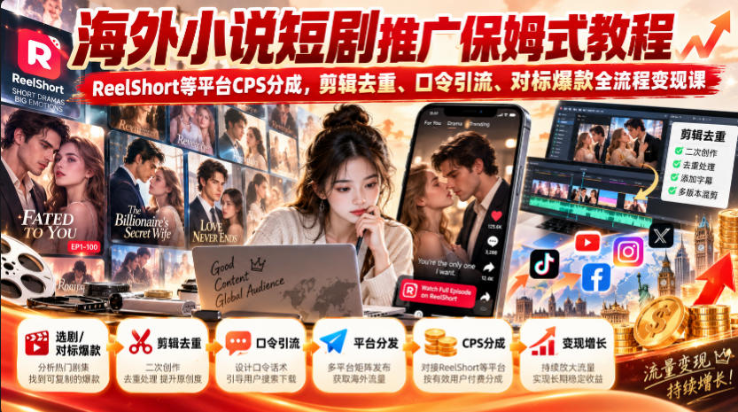 海外小说短剧推广保姆式教程｜ReelShort等平台CPS分成，剪辑去重、口令引流、对标爆款全流程变现课-优优云网创