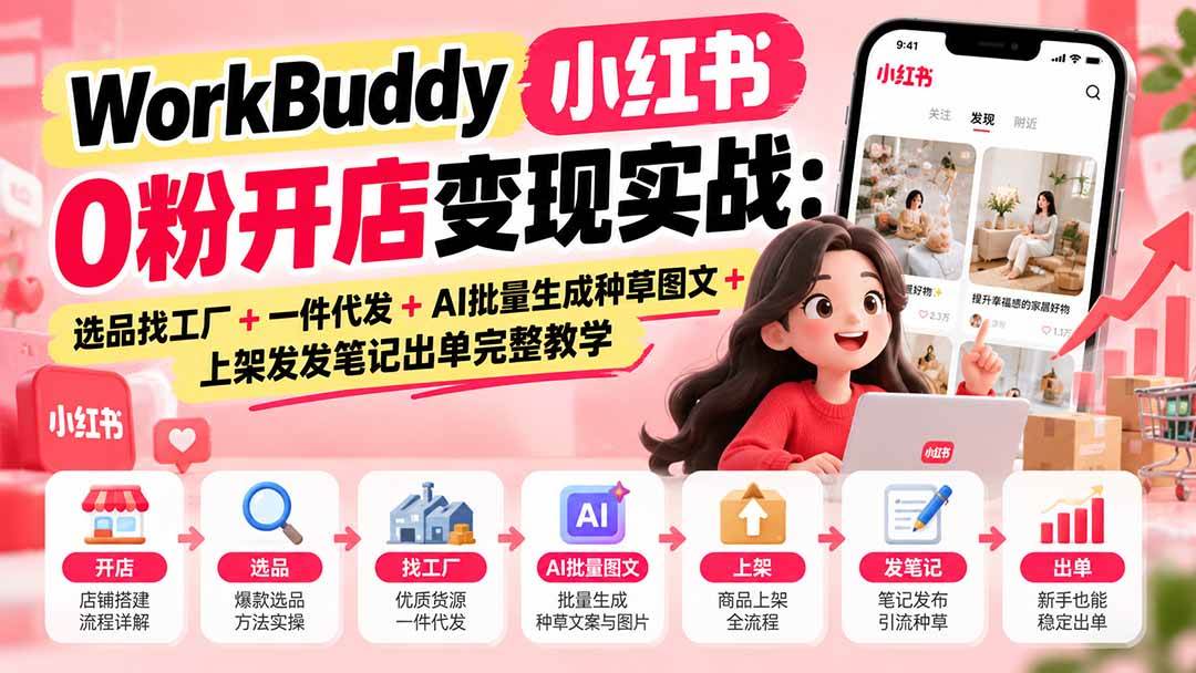 （20801期）WorkBuddy小红书0粉开店变现实战：选品找工厂+一件代发+AI批量生成种草图文+上架发发笔记出单完整教学-优优云网创