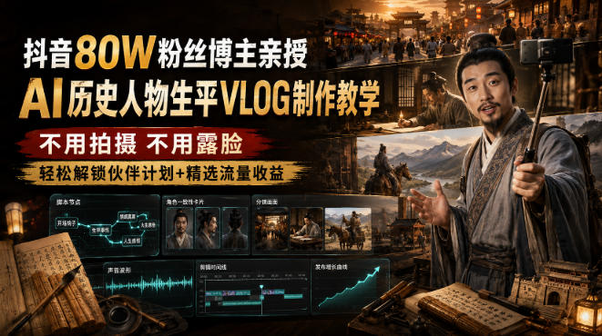 抖音80W粉丝博主的AI历史人物生平VLOG教学，不用拍摄不用露脸，AI帮你搞定，轻松解锁伙伴计划+精选收益-优优云网创