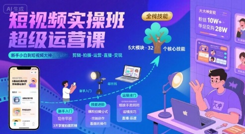 短视频实操班超级运营课,新手小白到短视频大神必修课程,剪辑-拍摄-运营-直播-变现-优优云网创