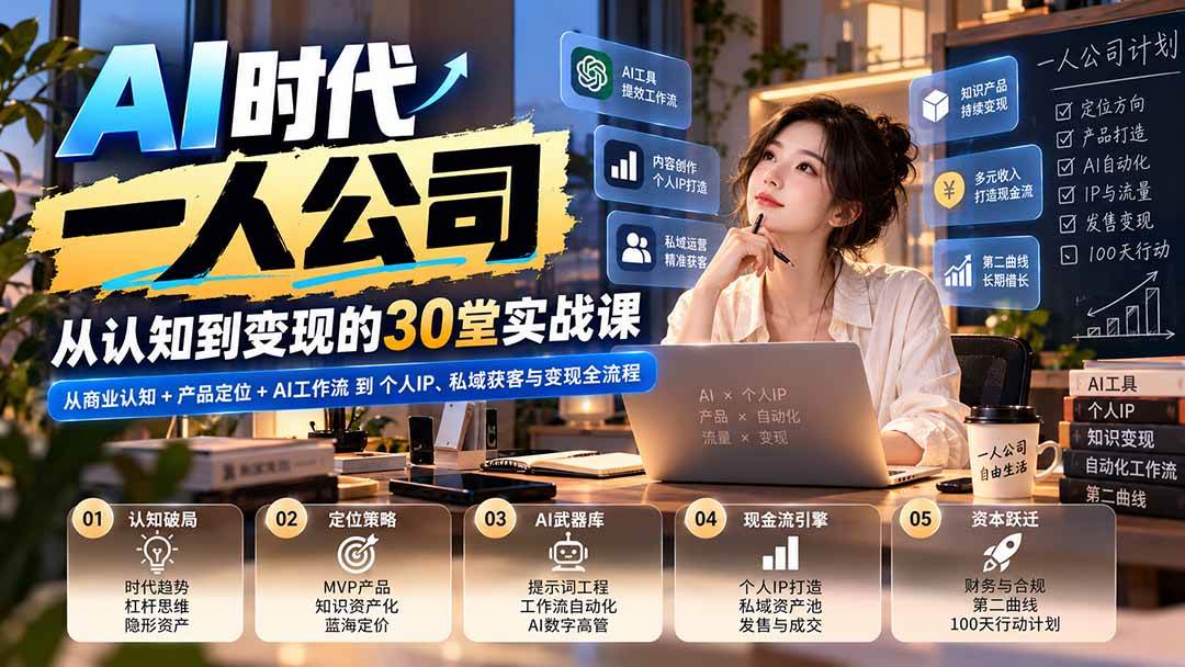 （20847期）【无水印】AI时代一人公司30堂实战课：从商业认知+产品定位+AI工作流到个人IP、私域获客与变现全流程-优优云网创