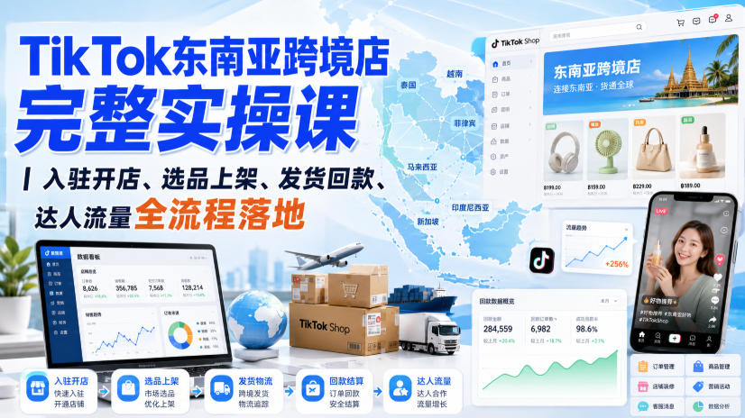 TikTok东南亚跨境店完整实操课｜入驻开店、选品上架、发货回款、达人流量全流程落地-优优云网创