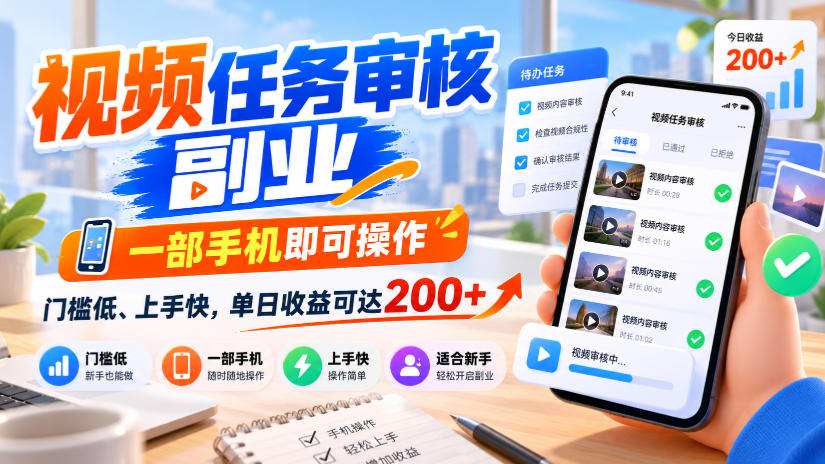 视频任务审核副业，一部手机即可操作，门槛低、上手快，单日收益可达200+【揭秘】-优优云网创