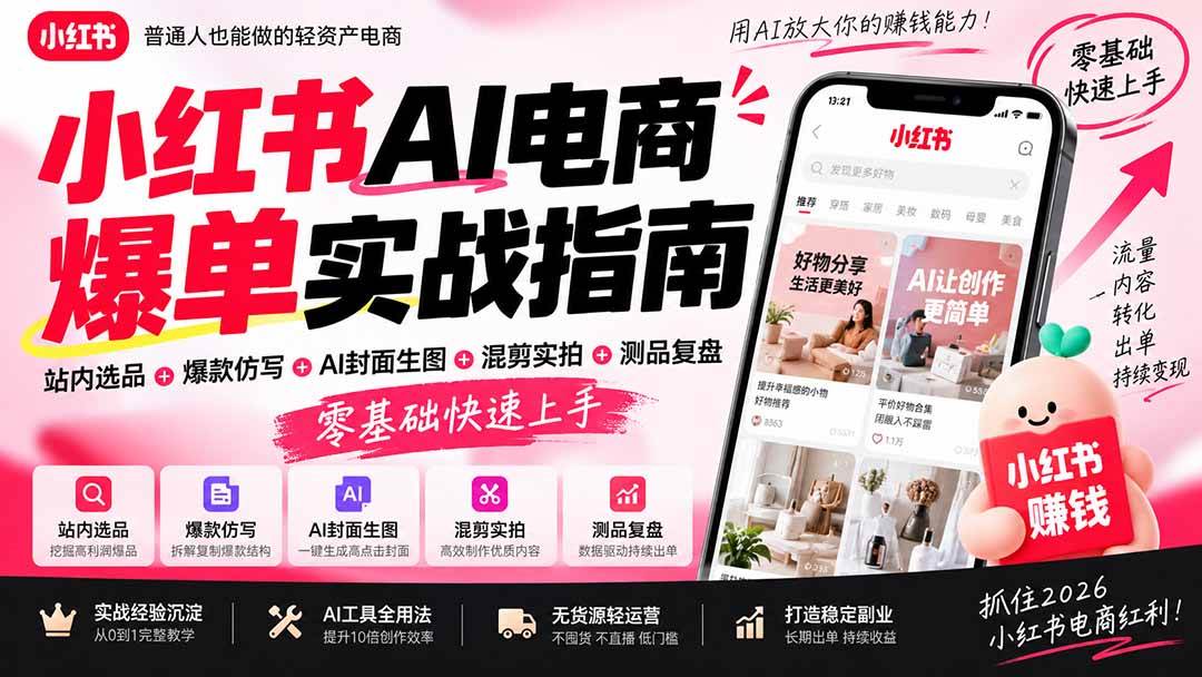 （20516期）2026小红书AI电商爆单实战指南：站内选品+爆款仿写+AI封面生图+混剪实拍+测品复盘，零基础快速上手-优优云网创