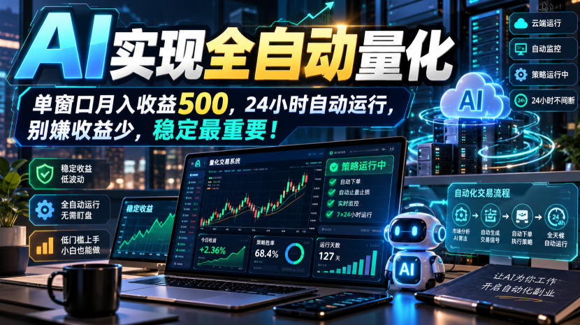 AI实现全自动量化，单窗口月入收益500，24小时自动运行，别嫌收益少，稳定最重要！【揭秘】-优优云网创