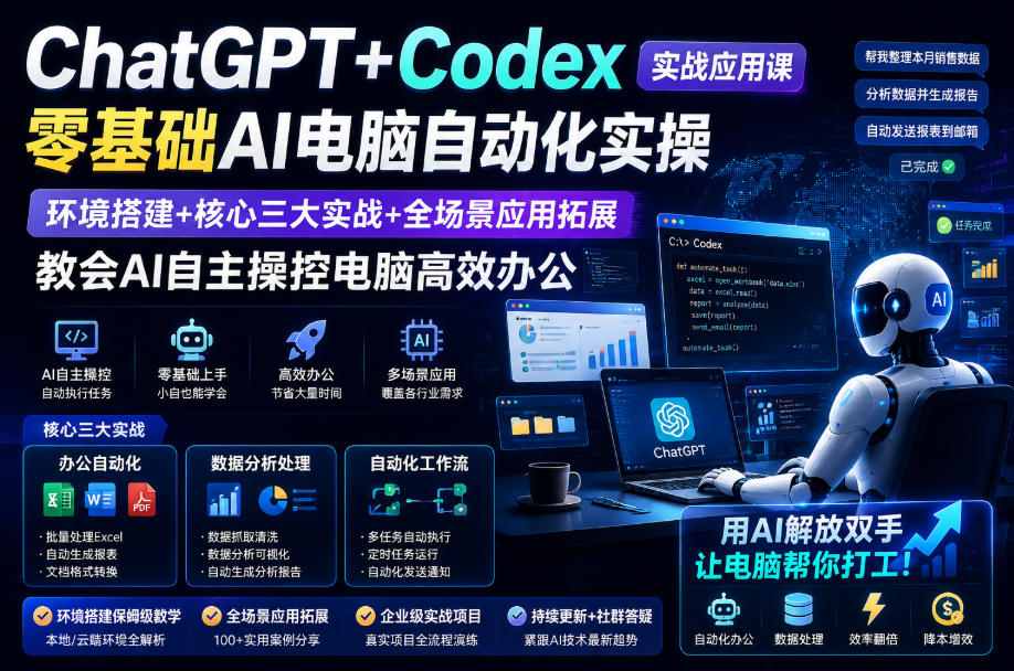 ChatGPT+Codex实战应用课｜零基础AI电脑自动化实操，环境搭建+核心三大实战+全场景应用拓展，教会AI自主操控电脑高效办公-优优云网创