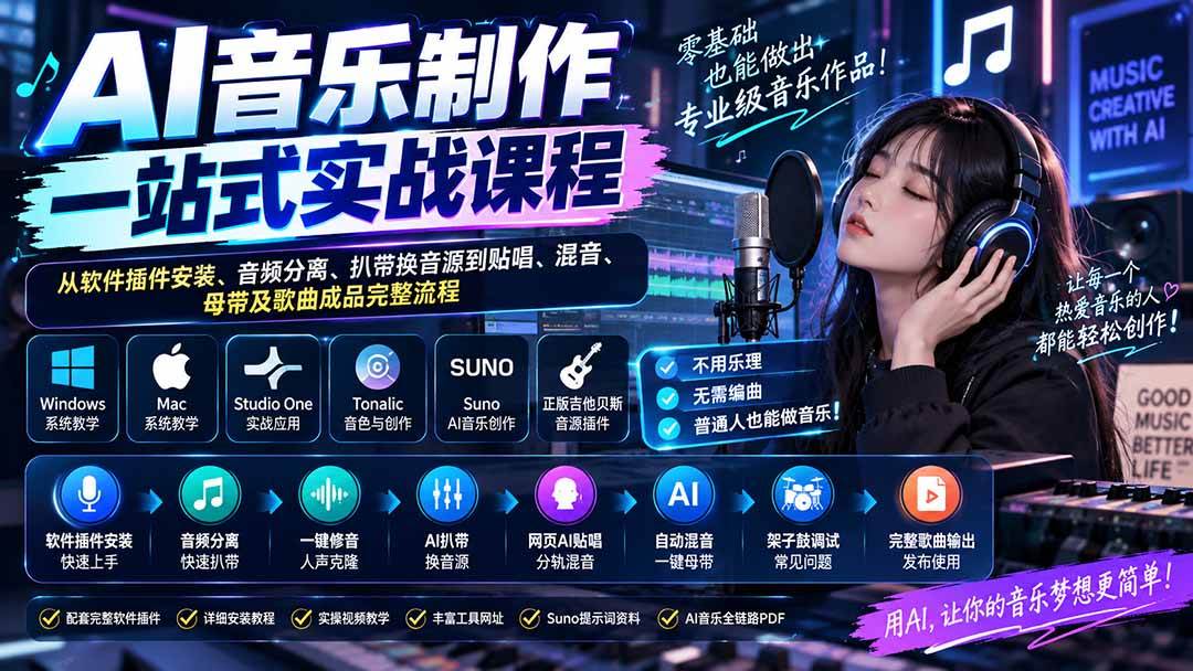 (20490期)AI音乐制作一站式实战课程:从软件插件安装、音频分离、扒带换音源到贴唱、混音、母带及歌曲成品完整流程 (20490期)AI音乐制作一站式实战课程:从软件插件安装、音频分离、扒带换音源到贴唱、混音、母带及歌曲成品完整流程