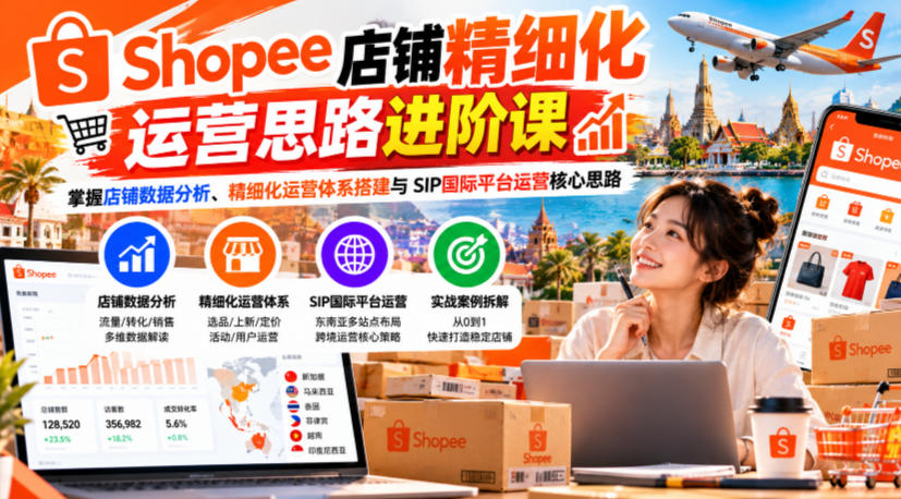Shopee店铺精细化运营思路进阶课，掌握店铺数据分析、精细化运营体系搭建与SIP国际平台运营核心思路-优优云网创