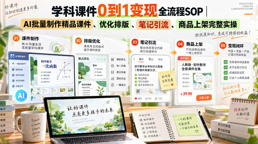 学科课件0到1变现全流程SOP｜AI批量制作精品课件、优化排版、笔记引流、商品上架完整实操-优优云网创
