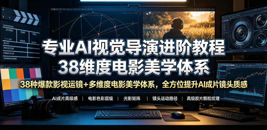 专业AI视觉导演进阶教程,38种爆款影视运镜+多维度电影美学体系,全方位提升AI成片高级感与镜头质感-优优云网创
