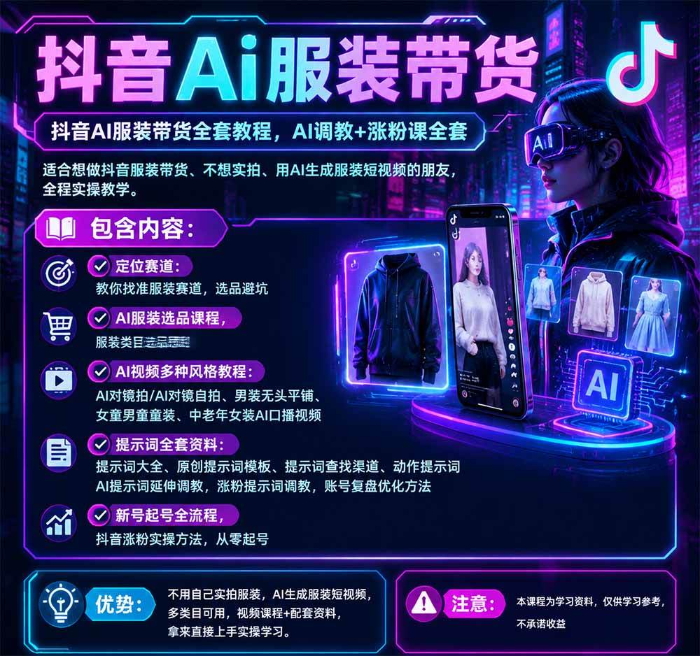 （20960期）不用真人出镜的抖音AI服装带货课：AI对镜自拍、童装男装女装视频制作、起号涨粉，附提示词大全与调教模板