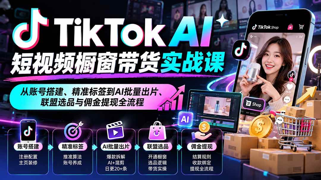 （20725期）TikTok AI短视频橱窗带货实战课：从账号搭建、精准标签到AI批量出片、联盟选品与佣金提现全流程-优优云网创