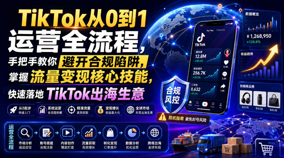 TikTok从0到1运营全流程，手把手教你避开合规陷阱，掌握流量变现核心技能，快速落地TikTok出海生意（更新7月）-优优云网创