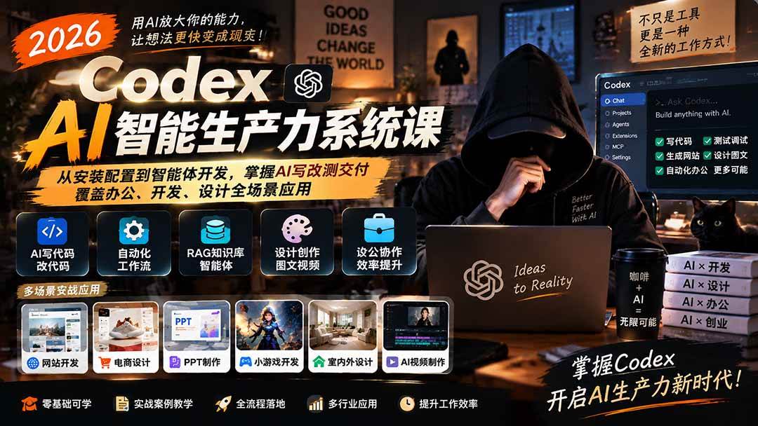 （20535期）2026 Codex AI智能生产力系统课-更新｜从安装配置到智能体开发，掌握AI写改测交付，覆盖办公、开发、设计全场景应用-优优云网创