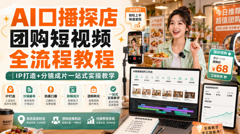 AI口播探店团购短视频全流程教程｜IP打造+分镜成片一站式实操教学-优优云网创