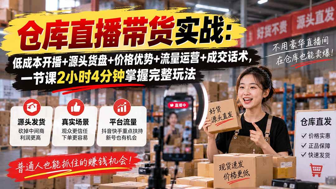 (20471期)仓库直播带货实战:低成本开播+源头货盘+价格优势+流量运营+成交话术,一节课2小时4分钟掌握完整玩法-优优云网创