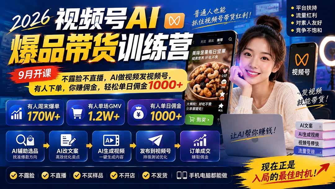 （20537期）2026视频号AI爆品带货训练营-9月开课｜不露脸不直播，AI做视频发视频号，有人下单，你赚佣金，轻松单日佣金1000+-优优云网创