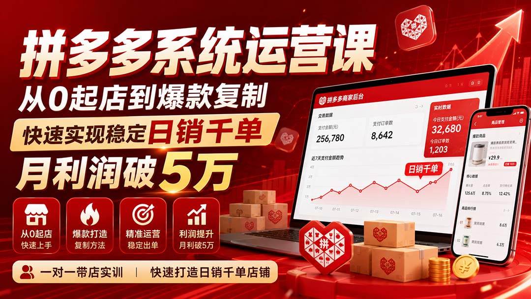 （20124期）拼多多系统运营课(更新8月)，从0起店到爆款复制，快速实现稳定日销千单，月利润破5万-优优云网创