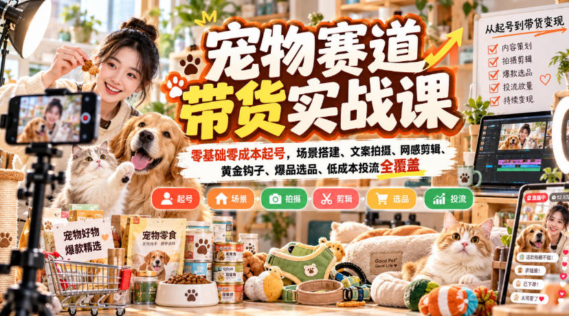 宠物赛道带货实战课，零基础零成本起号，场景搭建、文案拍摄、网感剪辑、黄金钩子、爆品选品、低成本投流全覆盖-优优云网创