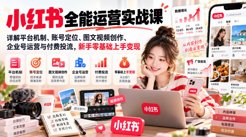 小红书全能运营实战课，详解平台机制、账号定位、图文视频创作、企业号运营与付费投流，新手零基础上手变现-优优云网创