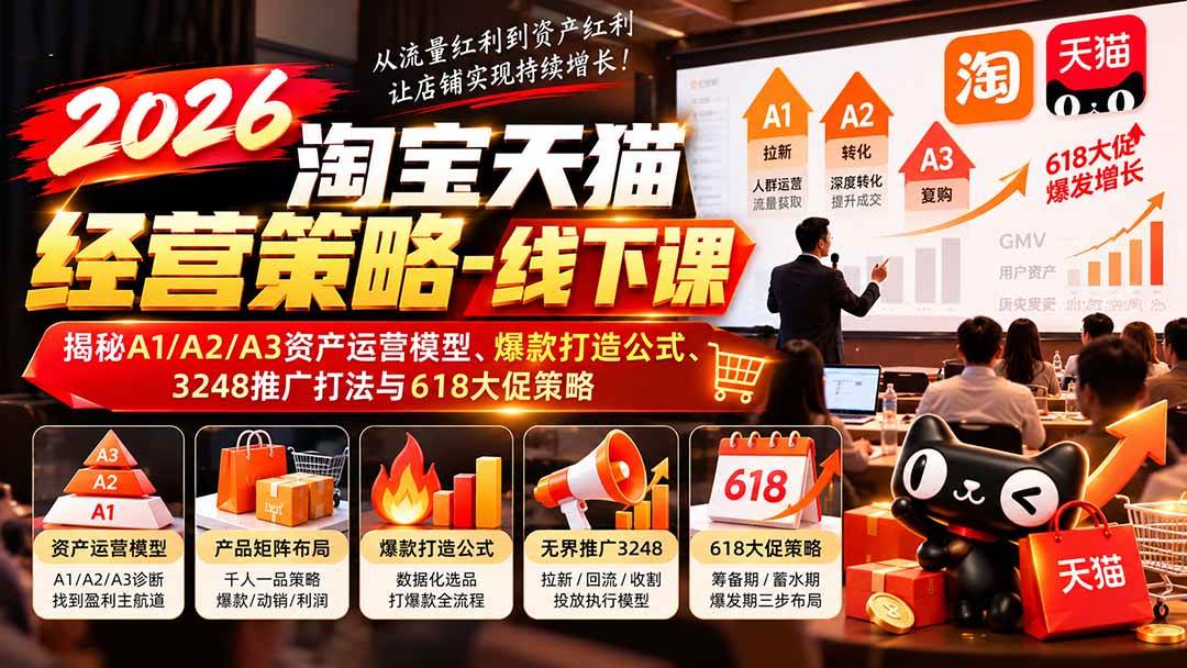 （20912期）2026淘宝天猫经营策略-线下课：揭秘A1/A2/A3资产运营模型、爆款打造公式、3248推广打法与618大促策略-优优云网创