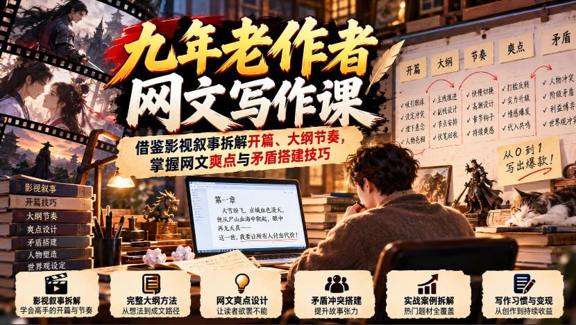 九年老作者网文写作课：借鉴影视叙事拆解开篇、大纲节奏，掌握网文爽点与矛盾搭建技巧-优优云网创