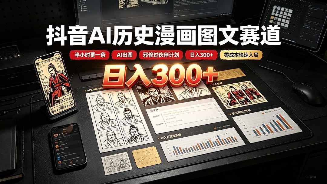 （19498期）抖音AI历史漫画图文赛道：半小时更一条×AI出图×邪修过伙伴计划×日入300+，零成本快速入局-优优云网创
