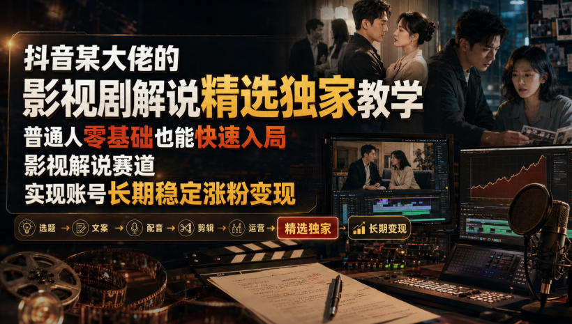 抖音某大佬的影视剧解说精选独家教学，普通人零基础也能快速入局影视解说赛道，实现账号长期稳定变现-优优云网创