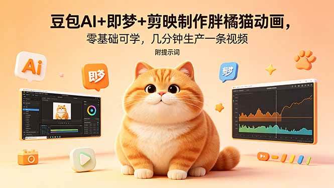 （18431期）豆包AI+即梦+剪映制作胖橘猫动画，零基础可学，几分钟生产一条视频，附提示词-优优云网创