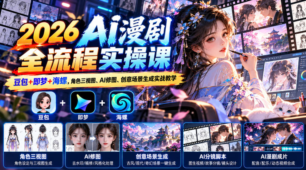 【无水印】2026 AI漫剧全流程实操课｜豆包+即梦+海螺，角色三视图、AI修图、创意场景生成实战教学-优优云网创